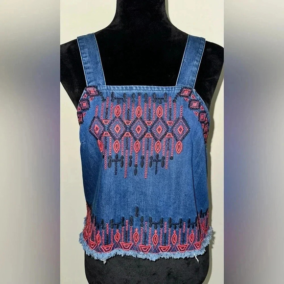 Blanknyc Embroidered Blue Denim Top With Red Aztec Design Size XS - Picture 3 of 7